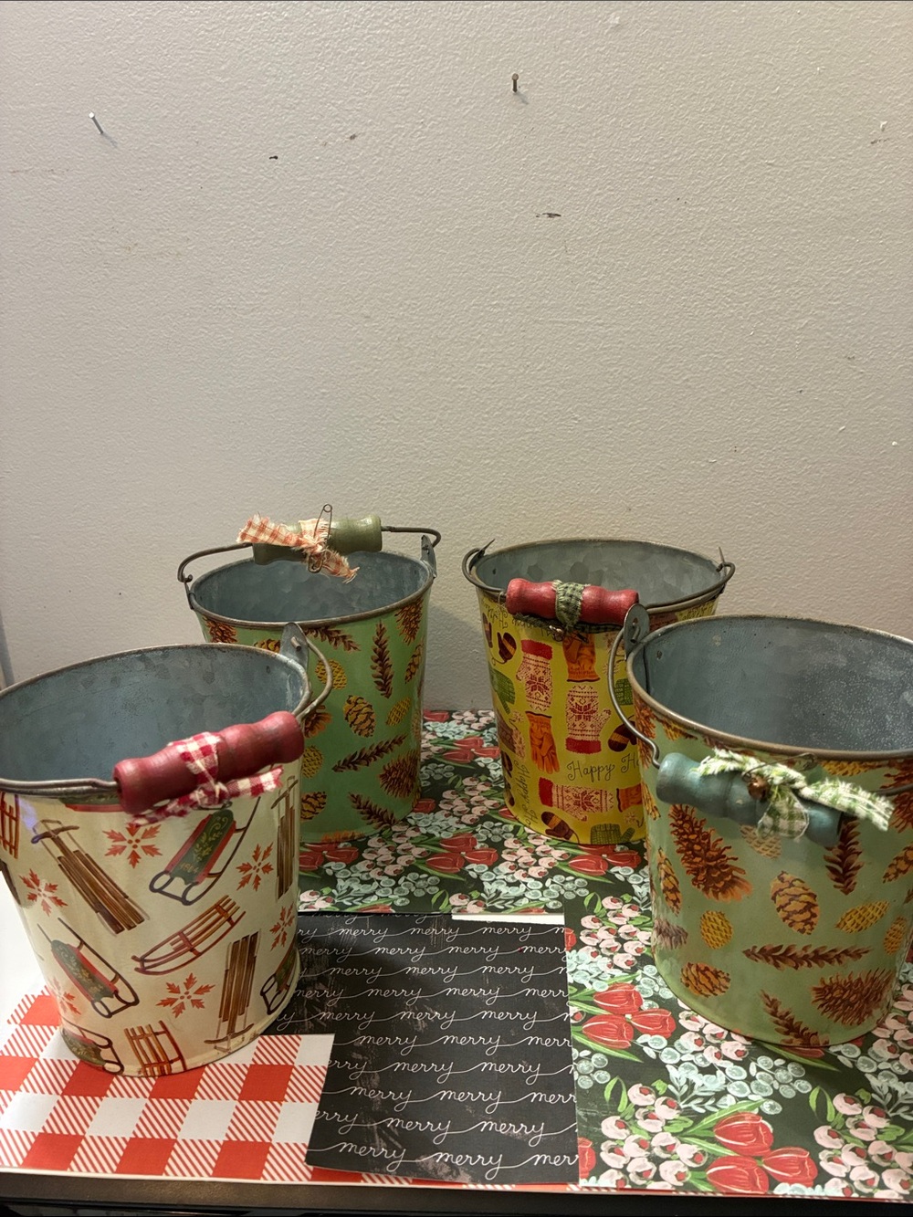 Festive Decorative Metal Holiday Buckets - Green & Cream Set